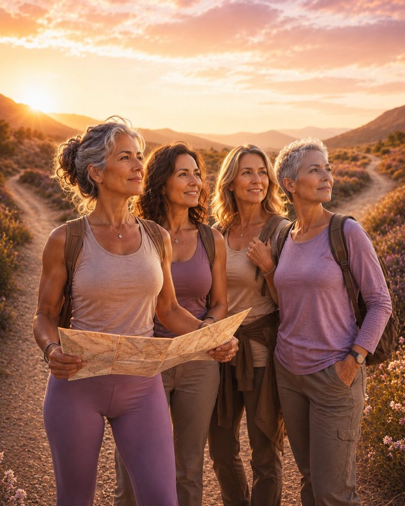 Grupo de amigas maduras juntas em uma trilha ao pôr do sol, uma delas com um mapa