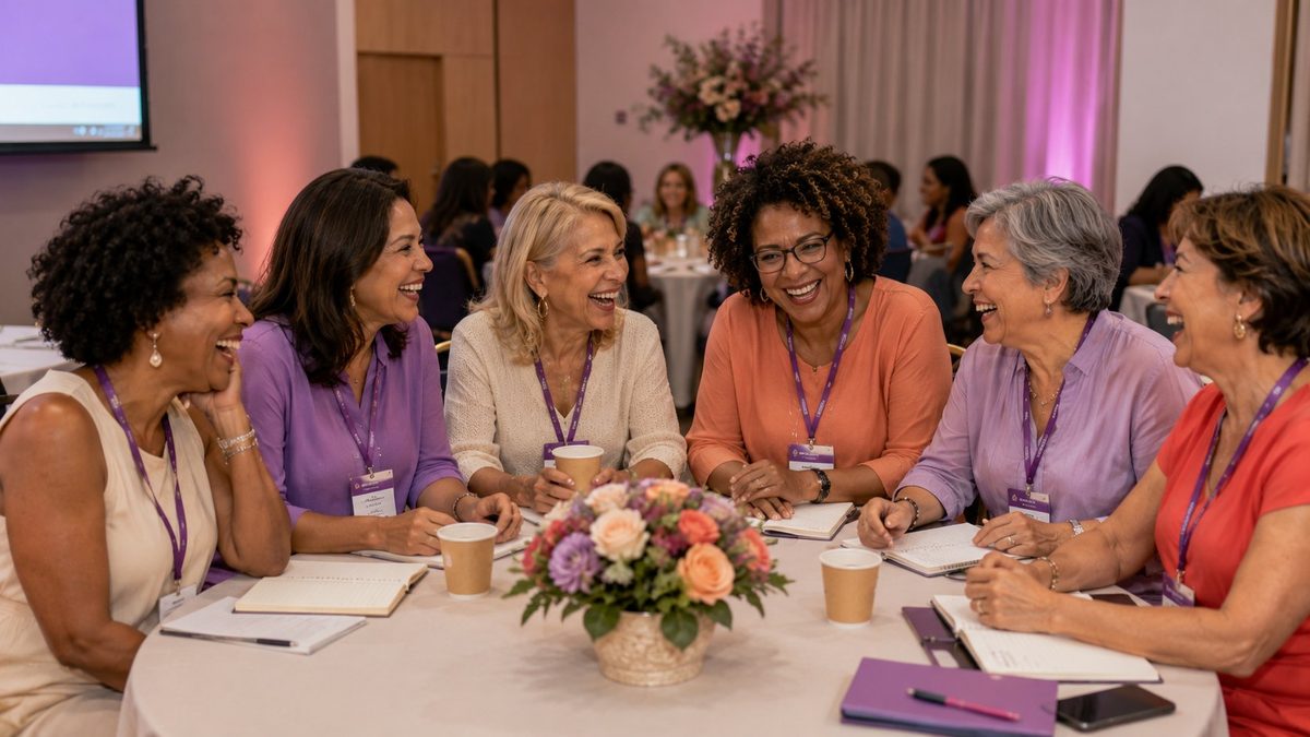 Grupo de mulheres maduras conversando e sorrindo ao redor de uma mesa no evento